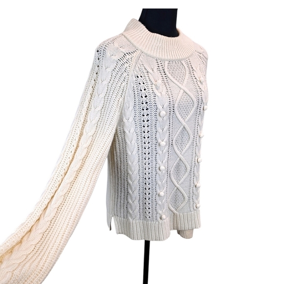 J. Crew Lambswool Blend Pom Pom Cable Knit Sweater Ivory Size Medium Capsule - Picture 5 of 13